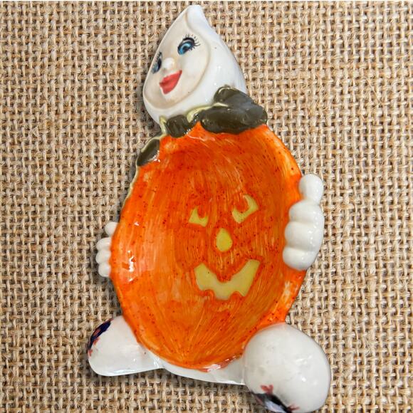 Vintage Ghost Jack-O’-Lantern Ceramic Candy Dish – Hand-Painted Halloween Decor - Picture 8 of 10